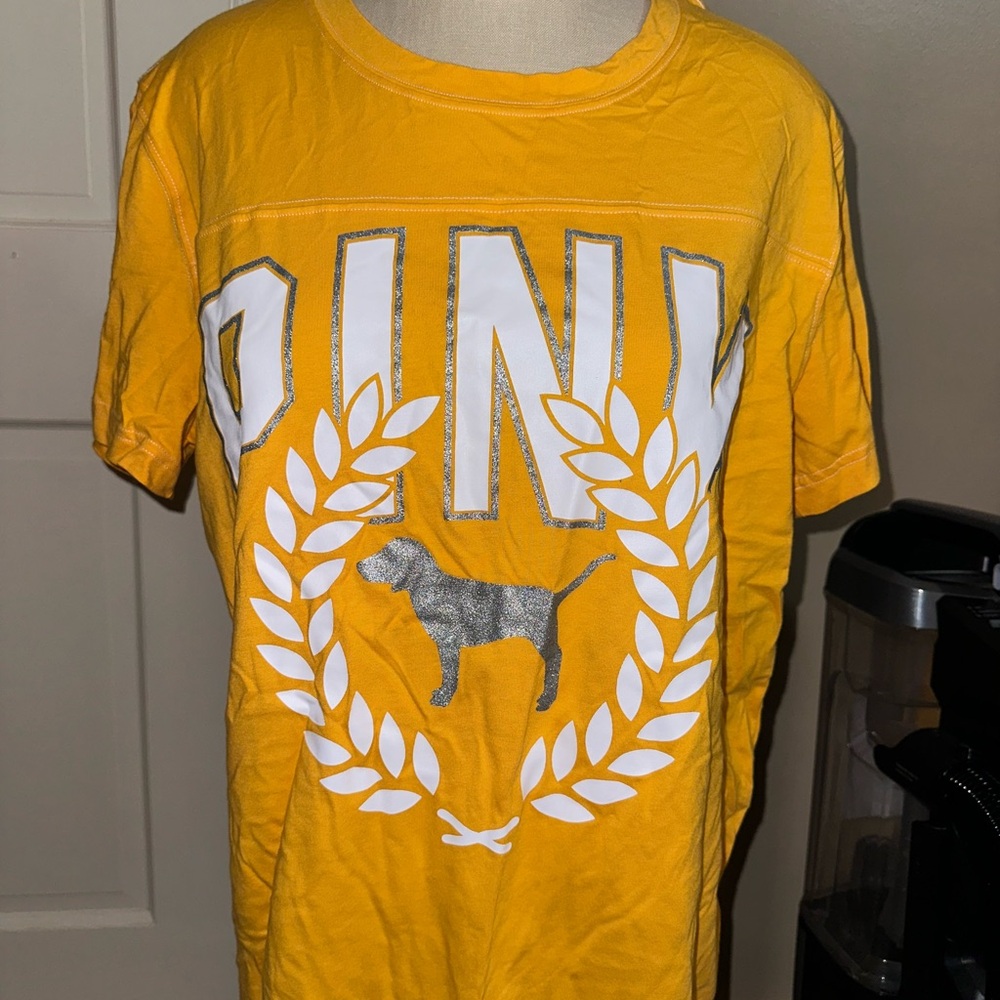PINK Victoria's Secret Yellow Tee with Silver and White Accents